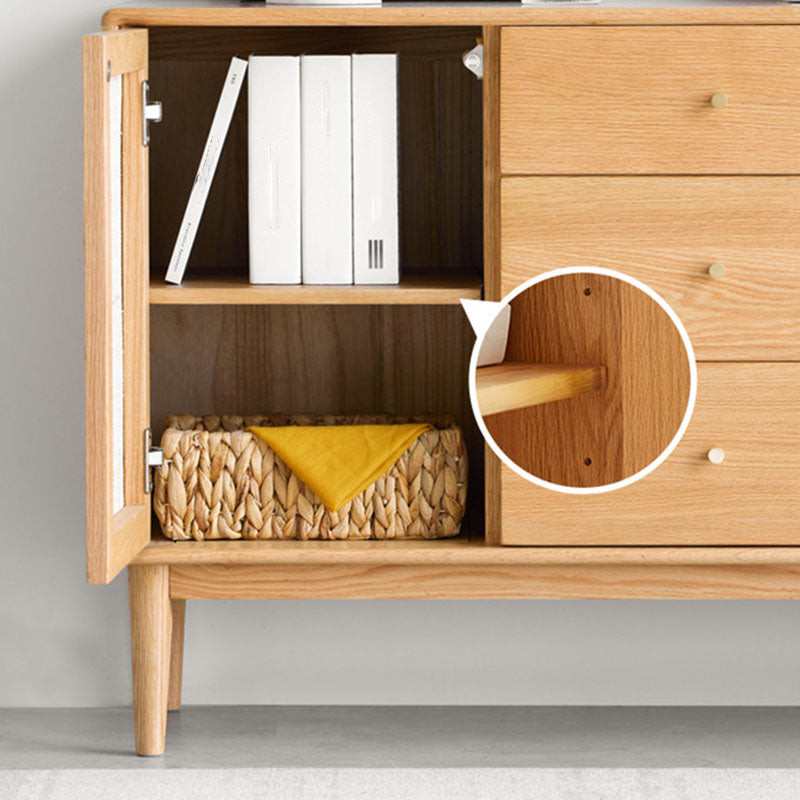 Contemporary Paned Cabinet Brown Pine and Cherry Accent Cabinet with Doors