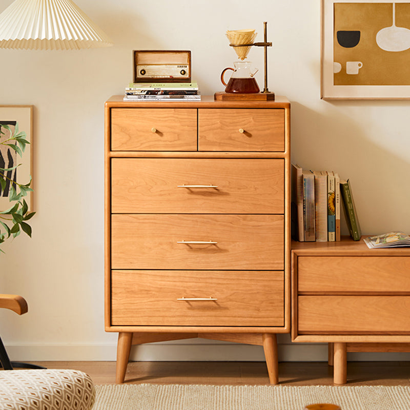 Contemporary Pine Wood Accent Chest 39" Tall Side Cabinet with 5 Drawers
