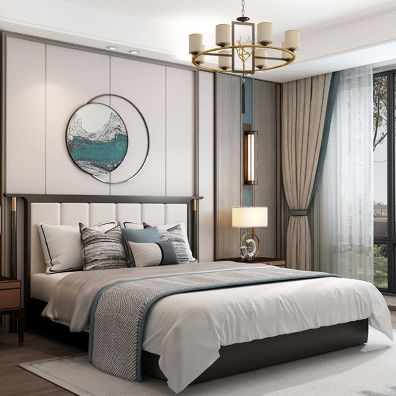 Mid-Century Modern Standard Bed Ash Upholstered Headboard Panel Bed