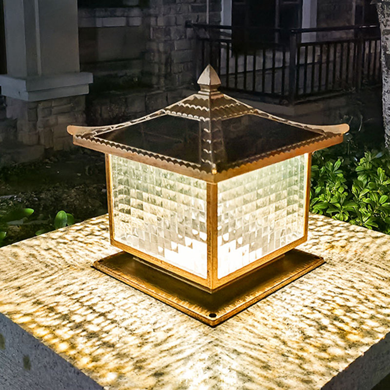 1-Light Pillar Lamp Square Solar Lighting Fixture with Glass Shade for Garden