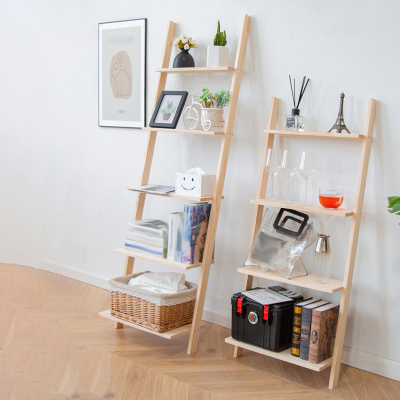 Contemporary Ladder Bookcase Solid Wood Open Back Bookshelf with Shelves