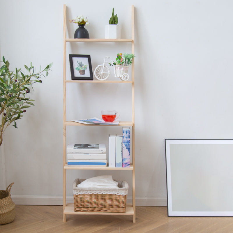 Contemporary Ladder Bookcase Solid Wood Open Back Bookshelf with Shelves