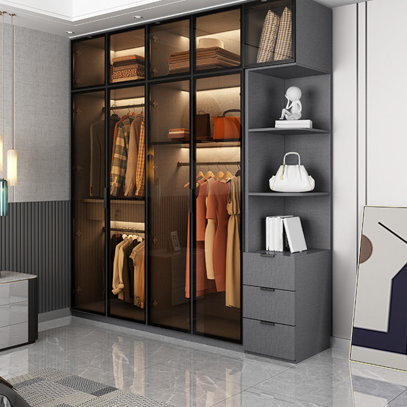 Bedroom Hinged Doors Storage Cabinet Glass Door Wardrobe with Garment Rod