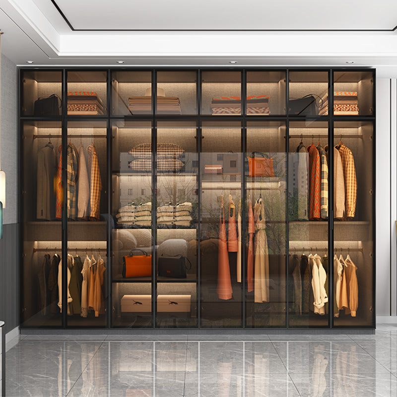 Bedroom Hinged Doors Storage Cabinet Glass Door Wardrobe with Garment Rod