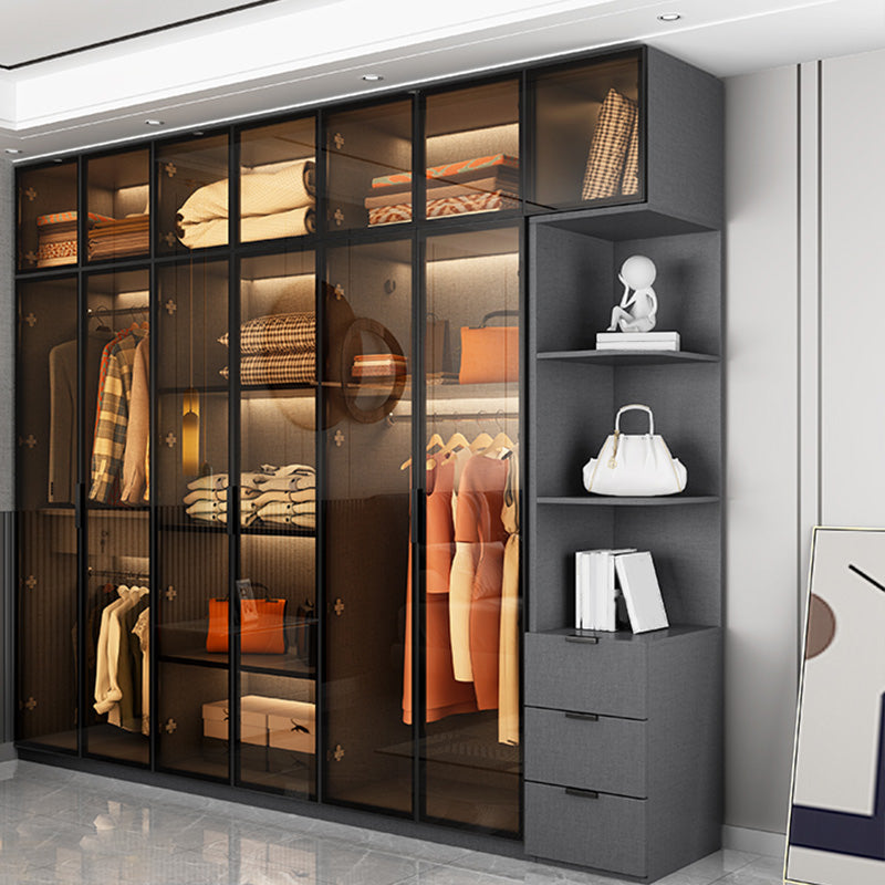 Bedroom Hinged Doors Storage Cabinet Glass Door Wardrobe with Garment Rod