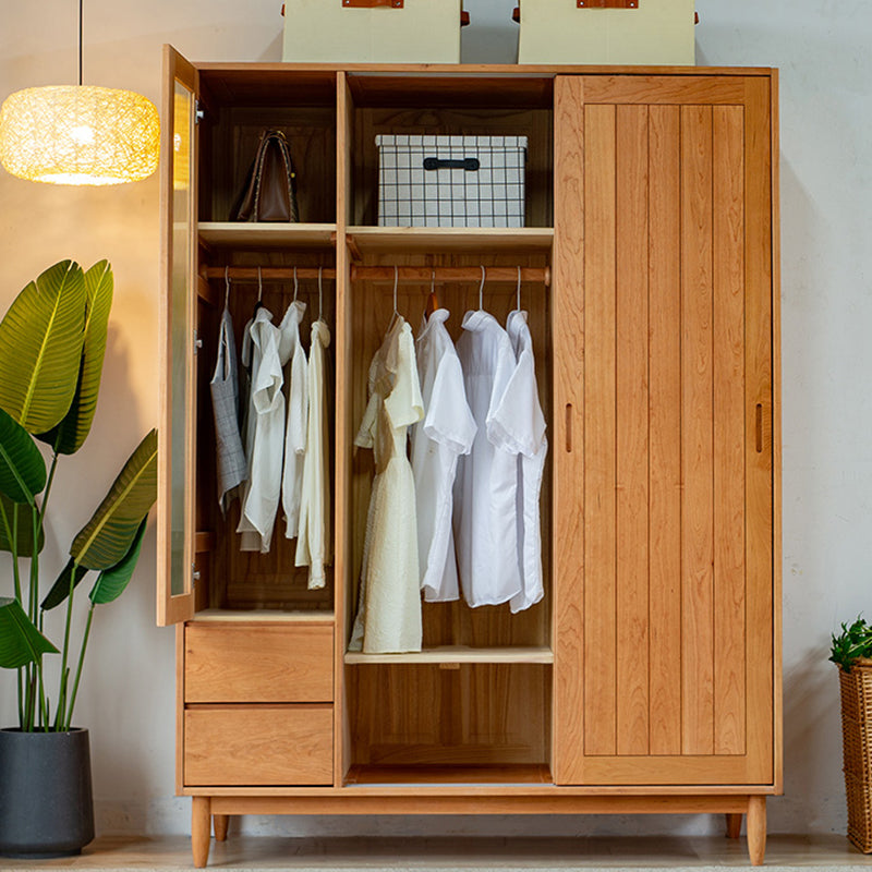 Wooden Kid's Wardrobe in Brown High Gloss Coat Locker with Garment Rod