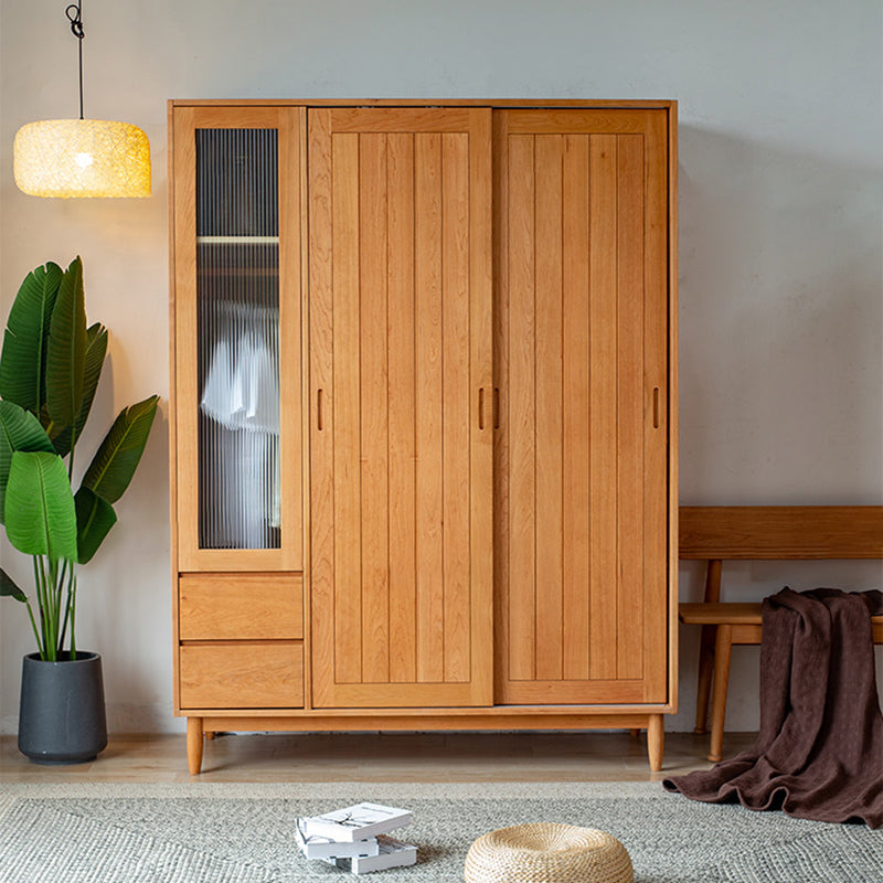 Wooden Kid's Wardrobe in Brown High Gloss Coat Locker with Garment Rod