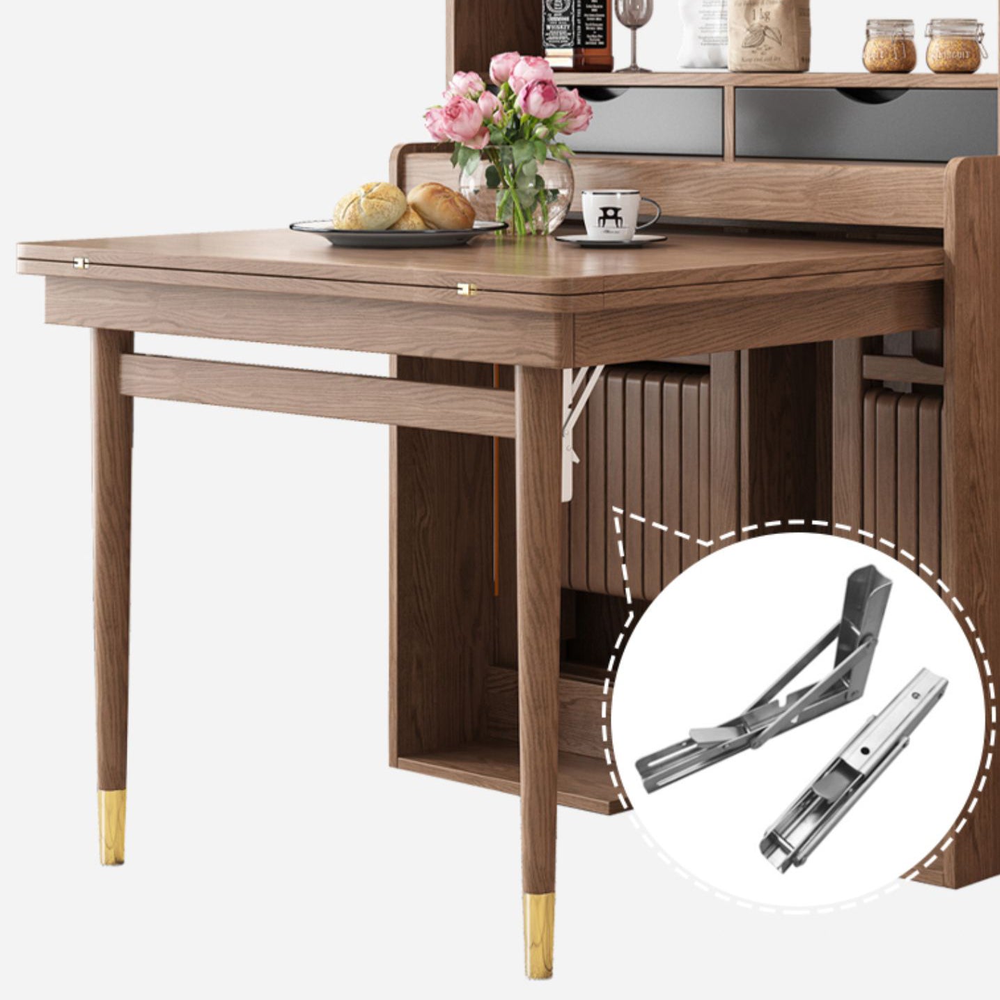 Solid Wood Frame Dining Table Rectangle Folding Dining Table with Storage