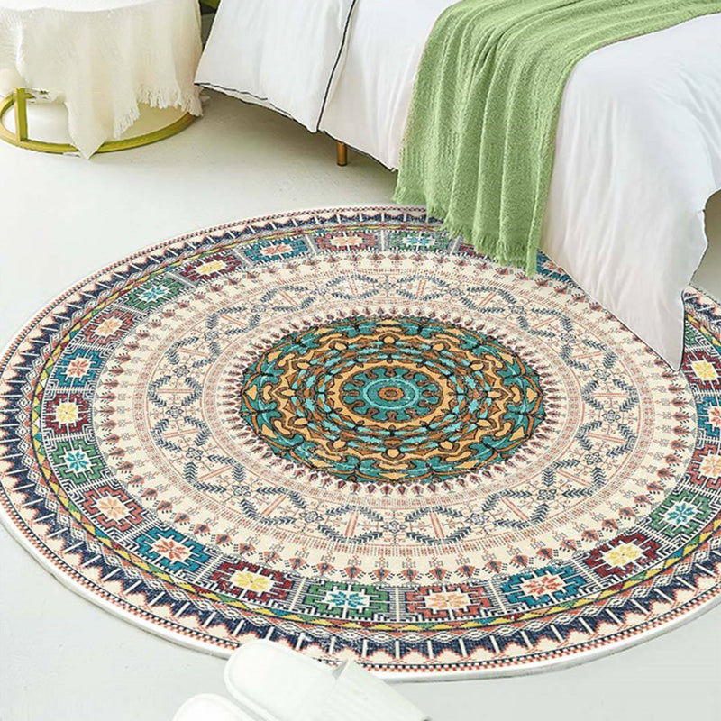 Round Adults Area Carpet Boho Style Tribal Printed Indoor Rug Polyster Non-Slip Backing