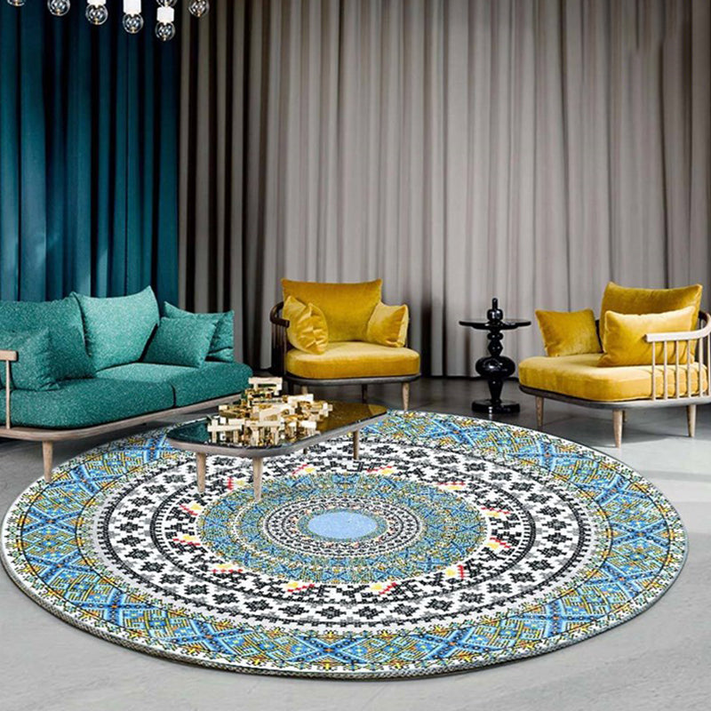 Round Adults Area Carpet Boho Style Tribal Printed Indoor Rug Polyster Non-Slip Backing