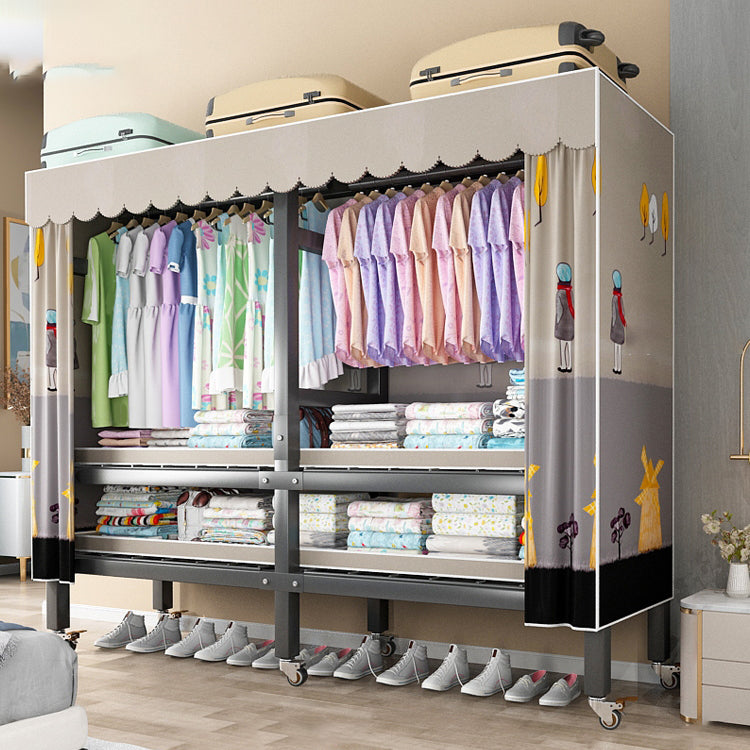 Foldable Freestanding Wardrobe Metal Frame Wardrobe with Casters