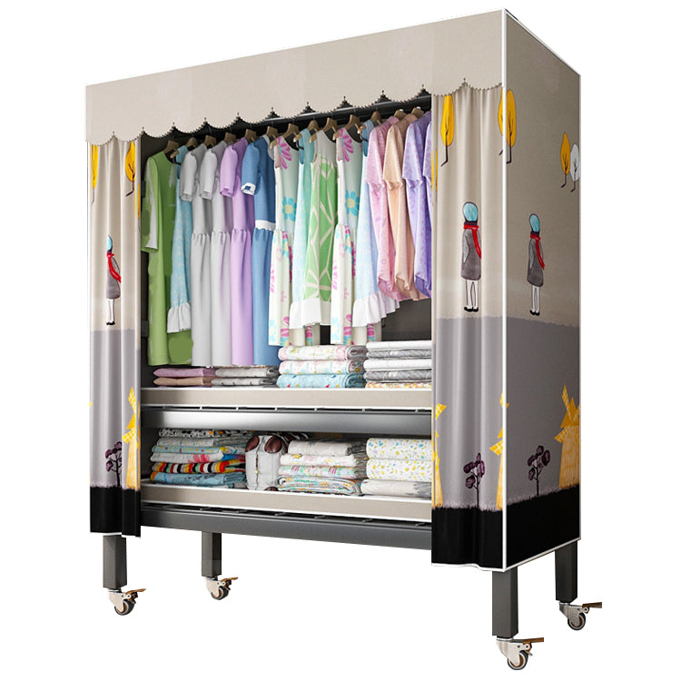 Foldable Freestanding Wardrobe Metal Frame Wardrobe with Casters