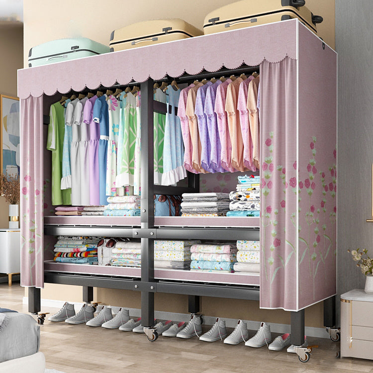 Foldable Freestanding Wardrobe Metal Frame Wardrobe with Casters