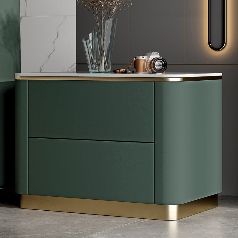 Stone Accent Table Nightstand Glam Bedside Cabinet with Drawers