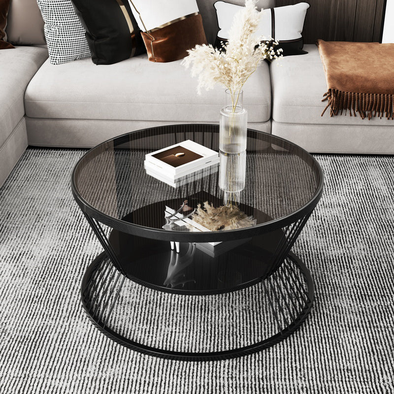 Round Coffee Cocktail Table Glass Top Frame Coffee or End Table with Storage Shelf