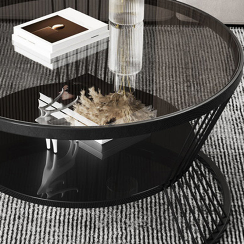 Round Coffee Cocktail Table Glass Top Frame Coffee or End Table with Storage Shelf