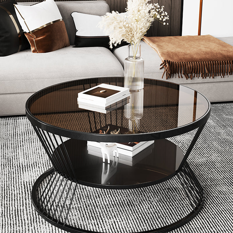 Round Coffee Cocktail Table Glass Top Frame Coffee or End Table with Storage Shelf