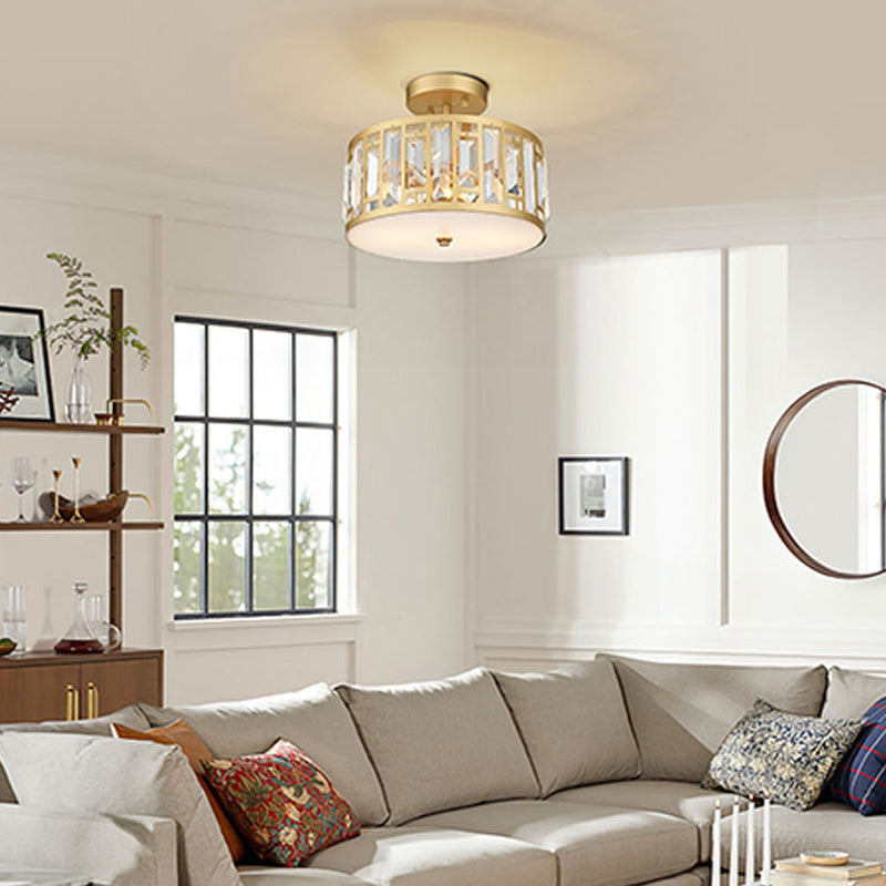 Crystal Semi Flush Contemporary 2 - Light Drum Ceiling Semi Flush in Gold