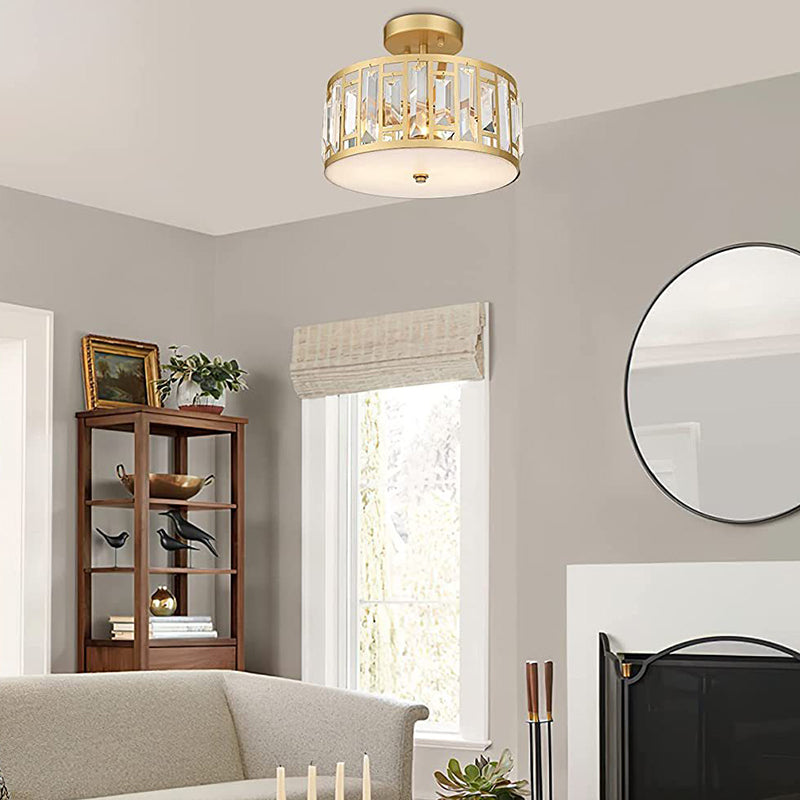 Crystal Semi Flush Contemporary 2 - Light Drum Ceiling Semi Flush in Gold