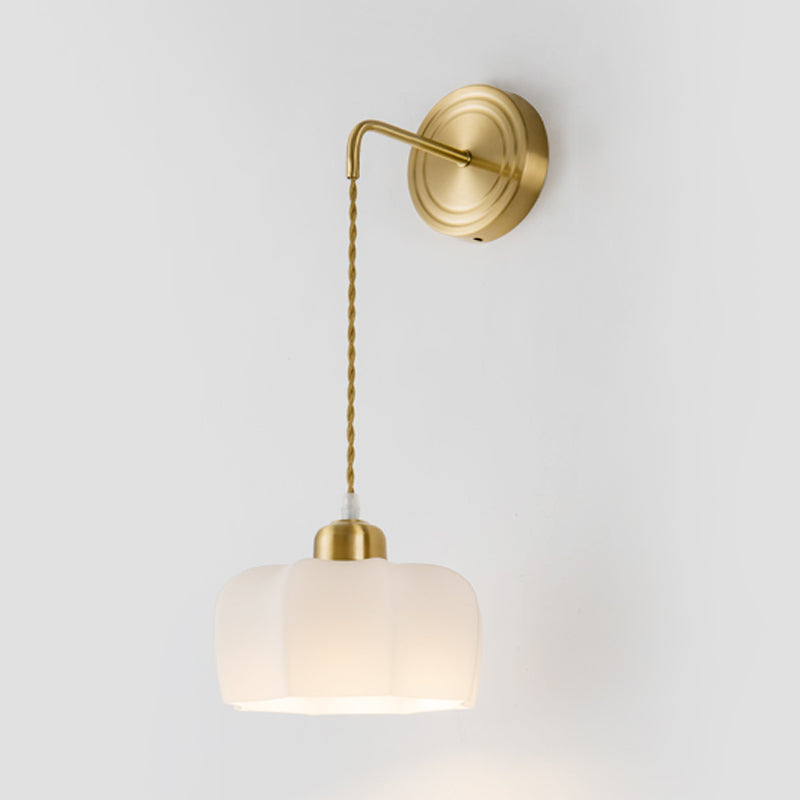 Modern Metal Wall Sconce Geometric Shape Wall Light with Glass Shade in Gold for Bedroom