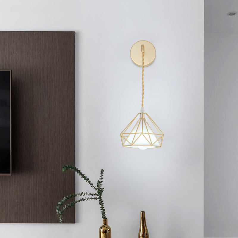 Modern Metal Wall Sconce Diamond Shape Wall Light with Fabric Shade for Bedroom