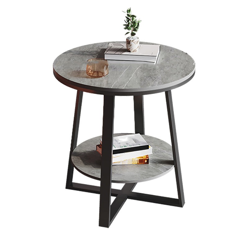 Contemporary Stone End Table Cross Base Round Top Side End Table with Shelf