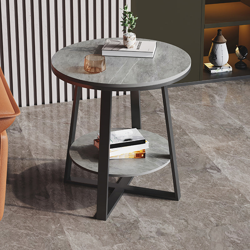 Contemporary Stone End Table Cross Base Round Top Side End Table with Shelf
