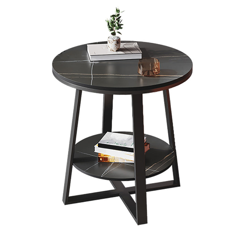Contemporary Stone End Table Cross Base Round Top Side End Table with Shelf