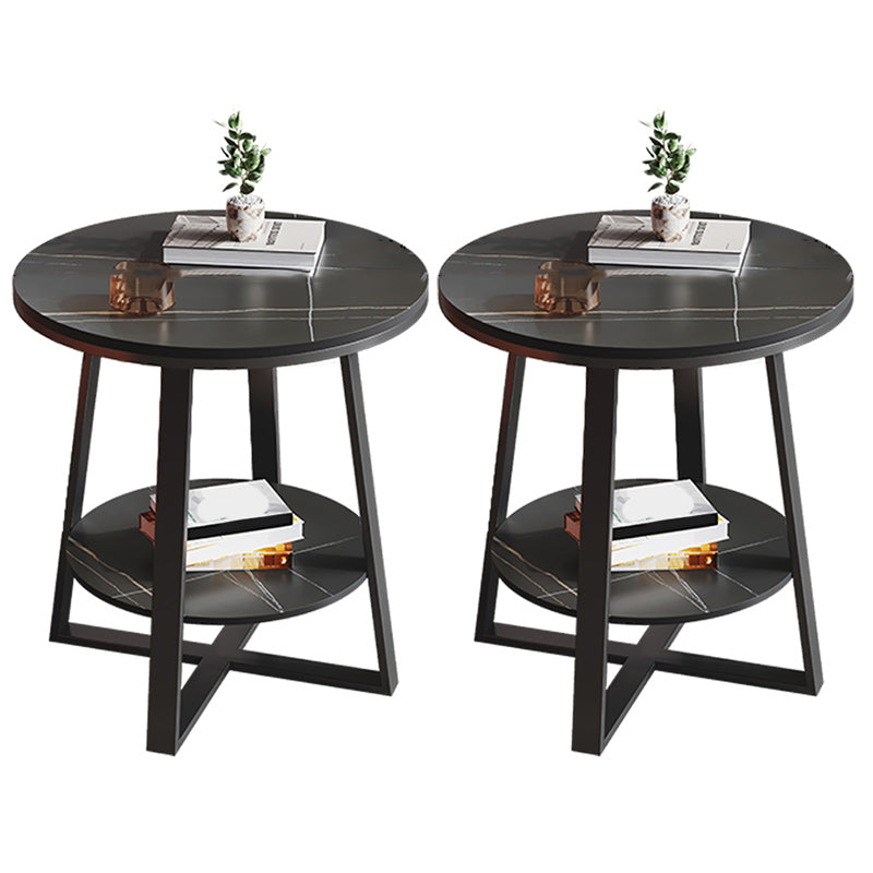 Contemporary Stone End Table Cross Base Round Top Side End Table with Shelf