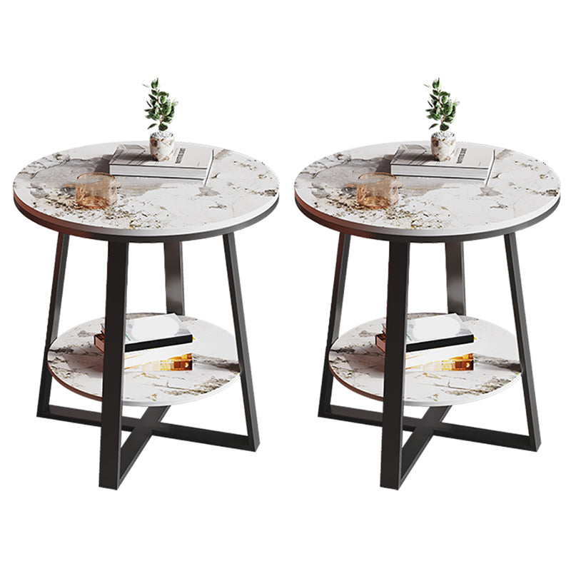 Contemporary Stone End Table Cross Base Round Top Side End Table with Shelf