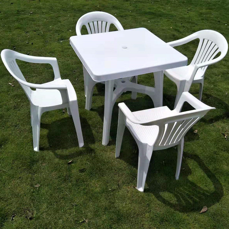 Plastic Outdoor Dining Table Modern White Patio Table with Umbrella Hole