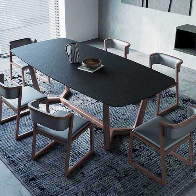 Modern Rectangle Stone Dining Table Ash Wood Base for Kitchen
