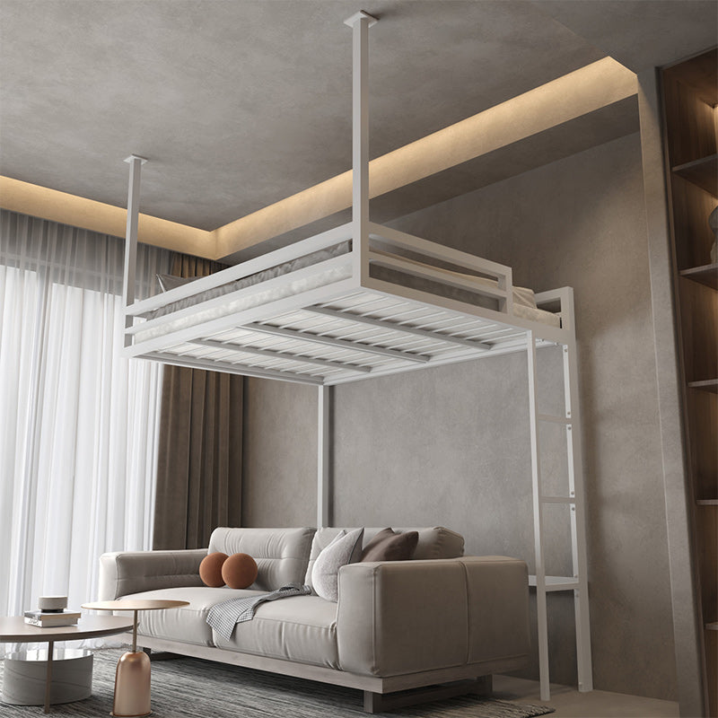 White/Black Loft Bed with Guardrail Metal Kids Bed with Built-In Ladder