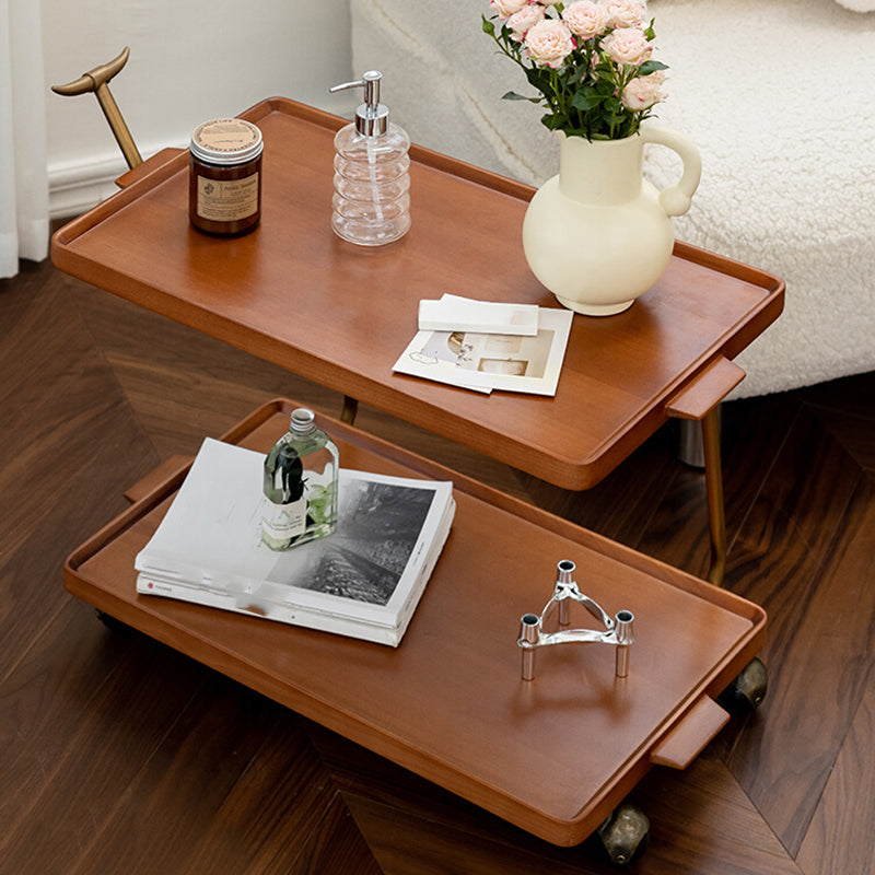 Cherry Wooden Storage End Table Rectangular 2-Tier Side Table with Casters