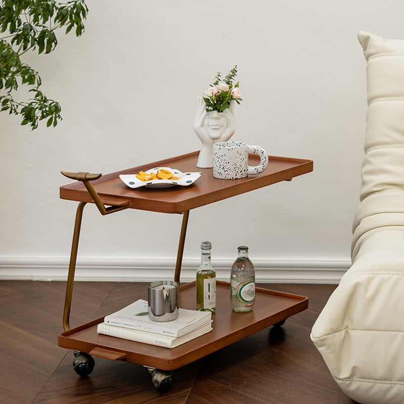 Cherry Wooden Storage End Table Rectangular 2-Tier Side Table with Casters