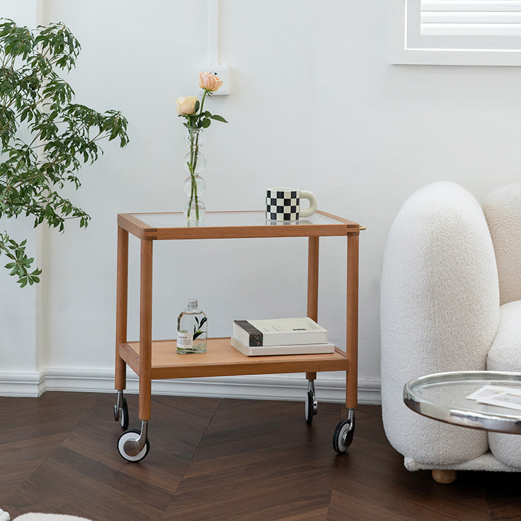 25.2" Wide Rectangular Glass End Slide Table Brown Cherry Side Table with Storage