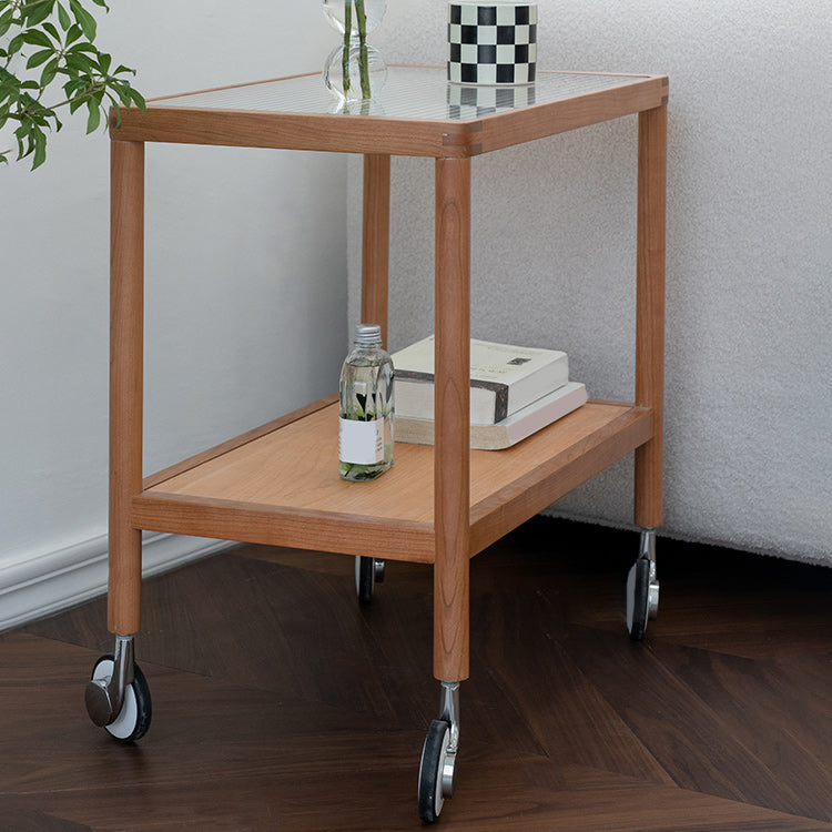 25.2" Wide Rectangular Glass End Slide Table Brown Cherry Side Table with Storage