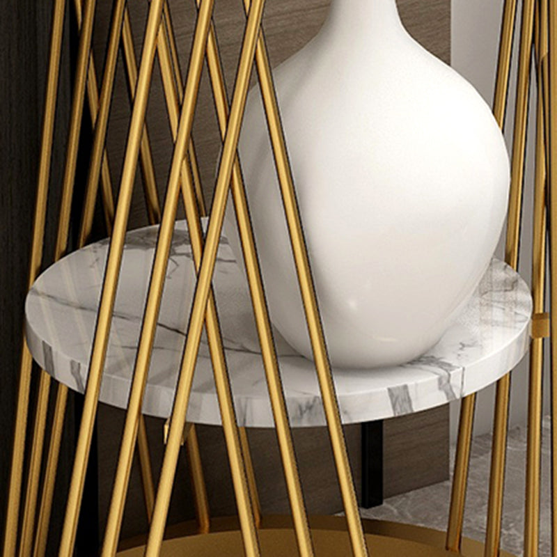 Glam Marble Round Side Table Dia 11.8" Metal Frame End Table with Storage Shelf