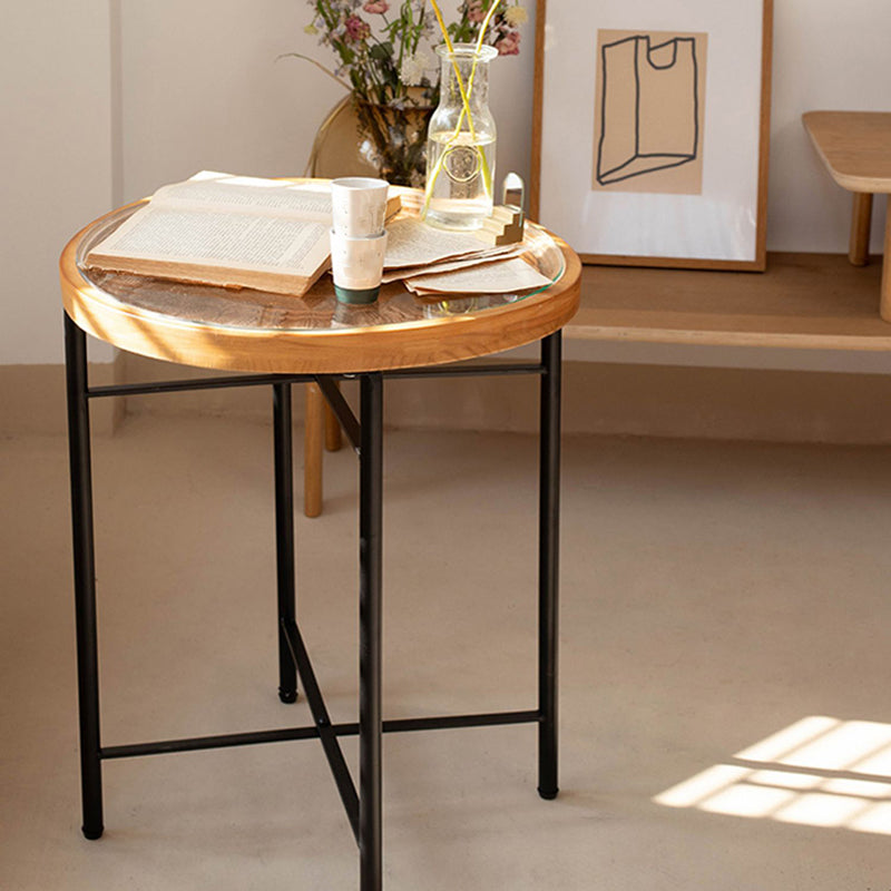 Dia 19.7" Cross Legs End Table Distressed Wood Side Table with Engraved Design