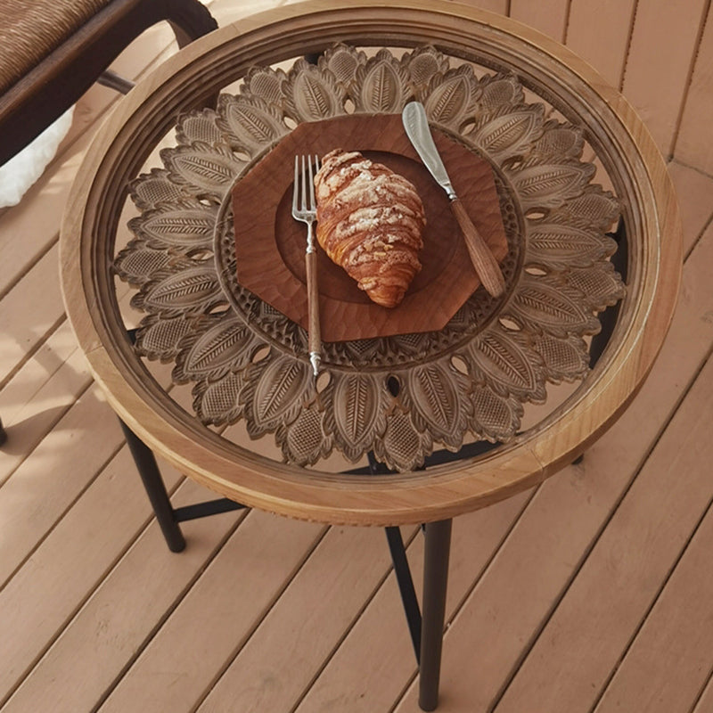 Dia 19.7" Cross Legs End Table Distressed Wood Side Table with Engraved Design