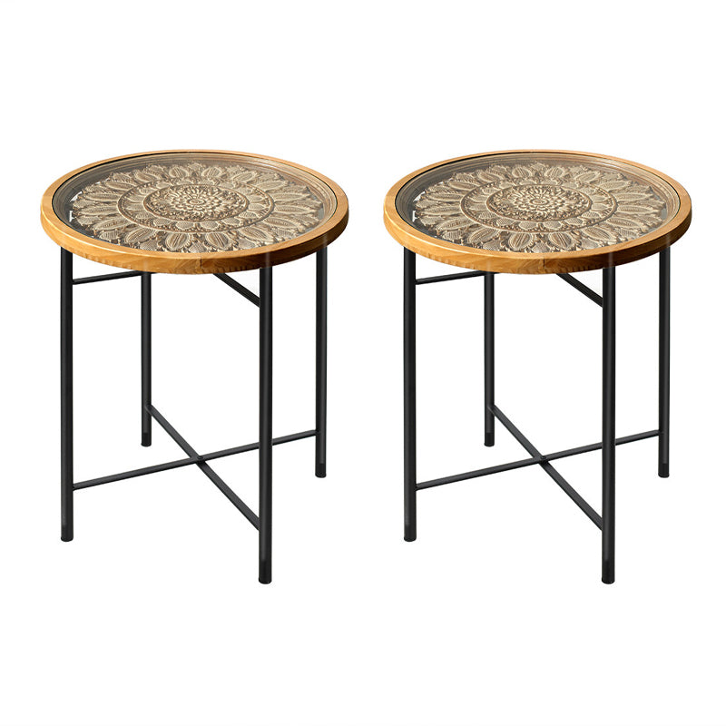 Dia 19.7" Cross Legs End Table Distressed Wood Side Table with Engraved Design