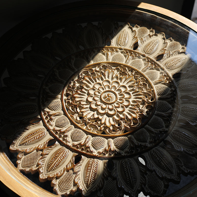 Dia 19.7" Cross Legs End Table Distressed Wood Side Table with Engraved Design