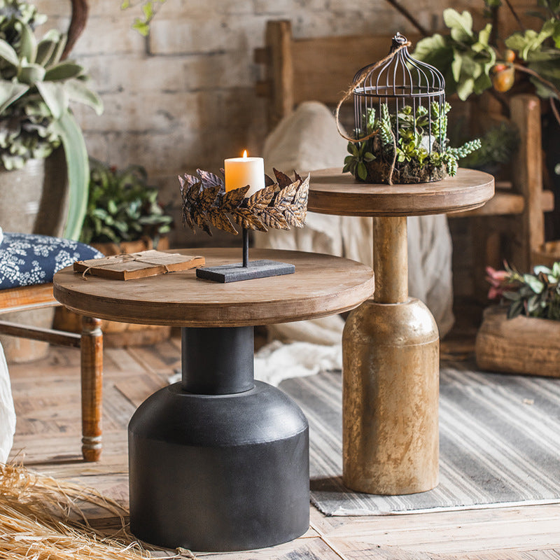 French Country Round Wood Side Table Distressed Wood & Metal Pedestal End Table