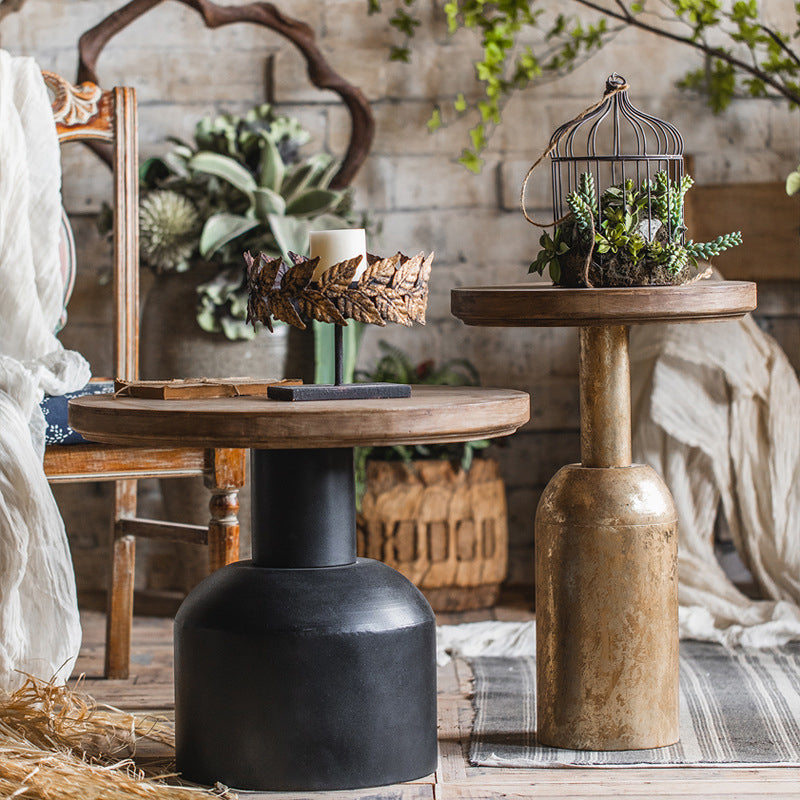 French Country Round Wood Side Table Distressed Wood & Metal Pedestal End Table