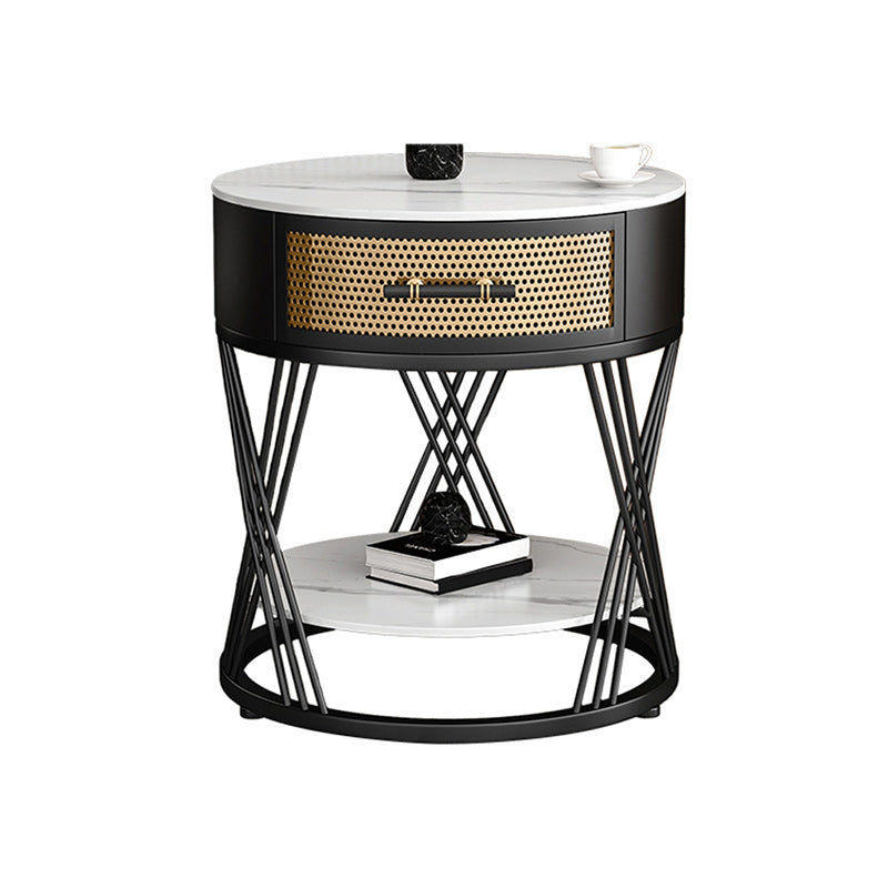 Drawer Side Accent Table Stone Top Metal Frame End Table with Shelf