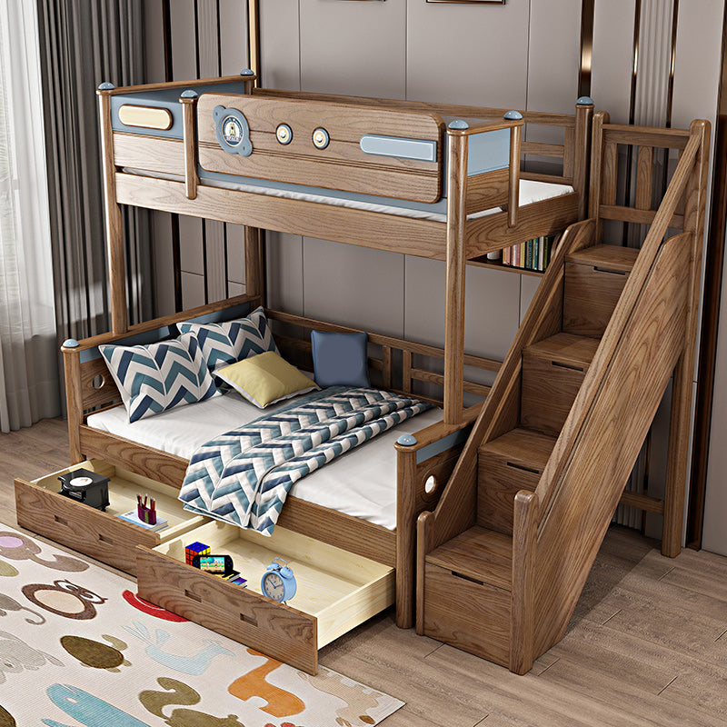 Brown Ash Standard Bunk Bed Solid Wood Scandinavian Bed with Guardrail