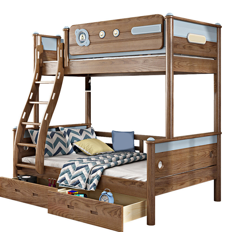 Brown Ash Standard Bunk Bed Solid Wood Scandinavian Bed with Guardrail