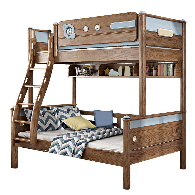 Brown Ash Standard Bunk Bed Solid Wood Scandinavian Bed with Guardrail