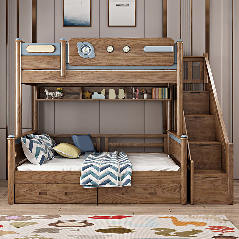Brown Ash Standard Bunk Bed Solid Wood Scandinavian Bed with Guardrail