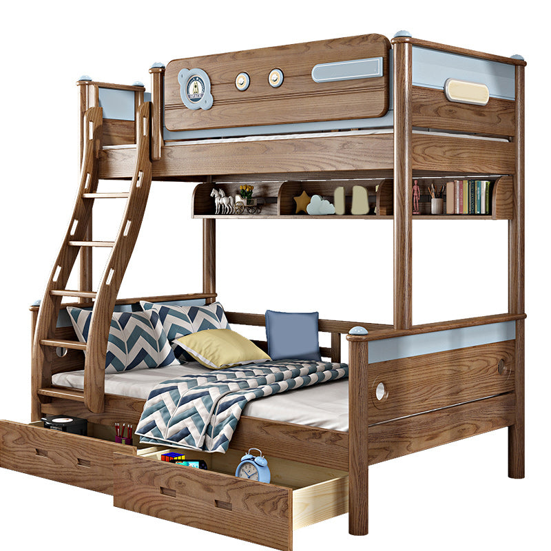 Brown Ash Standard Bunk Bed Solid Wood Scandinavian Bed with Guardrail